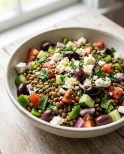 Griechischer Linsensalat mit Feta und Oliven