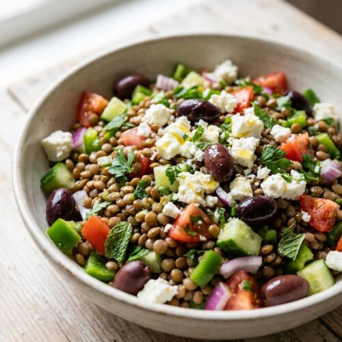 Griechischer Linsensalat mit Feta und Oliven