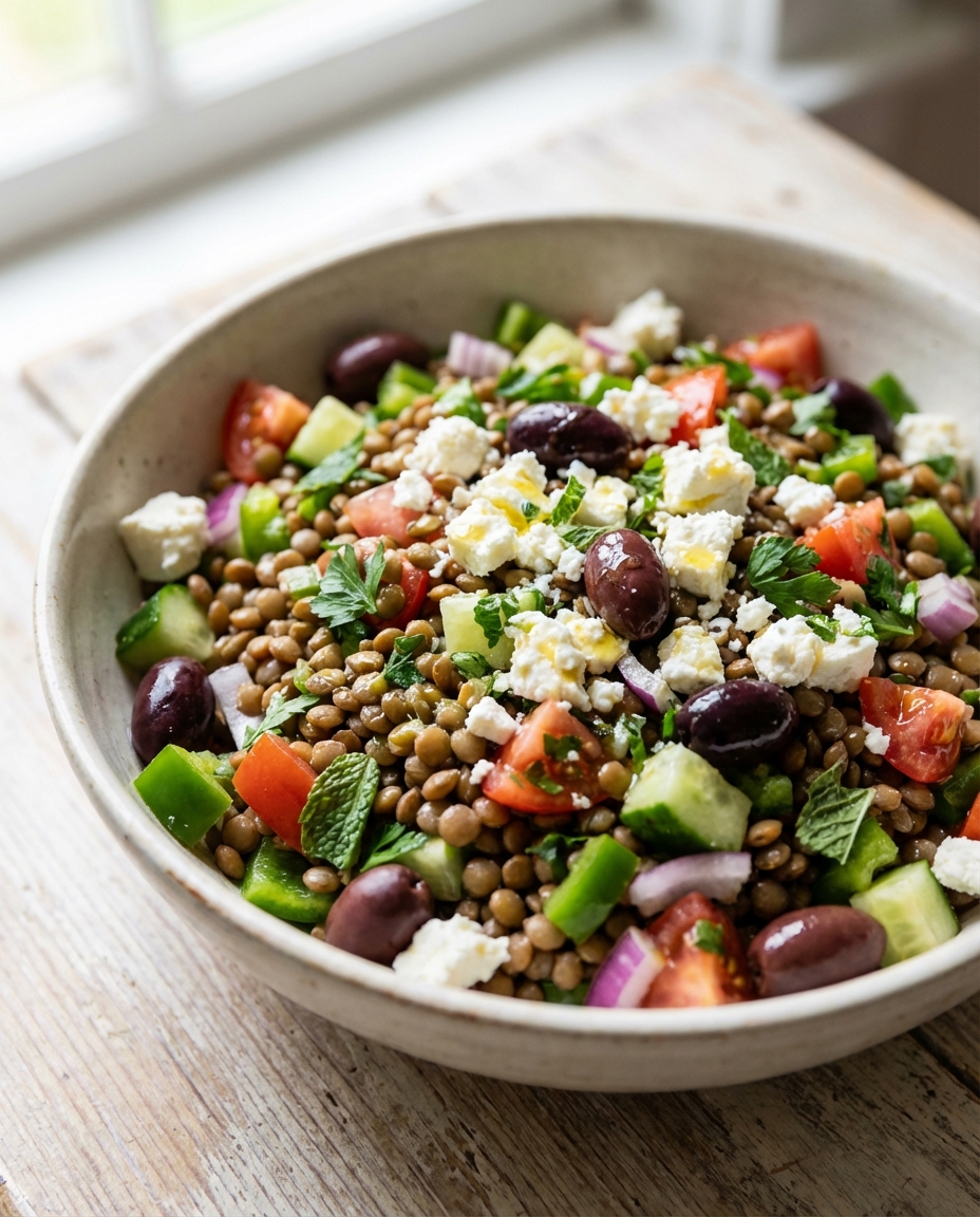 Griechischer Linsensalat mit Feta und Oliven