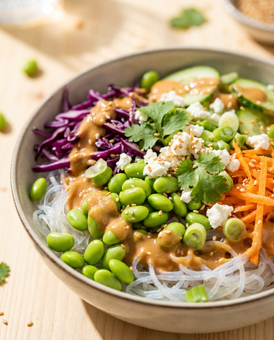 Edamame-Glasnudel-Bowl mit Erdnuss-Dressing