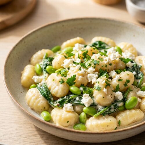 Proteinreiche Gnocchi-Pfanne mit Edamame & Feta