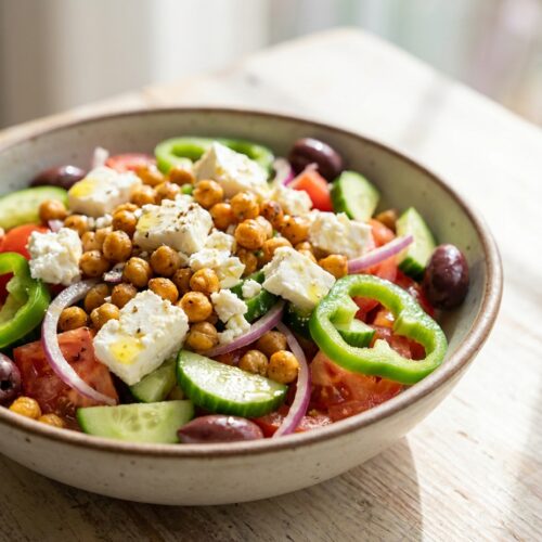 Griechischer Bauernsalat mit gerösteten Kichererbsen