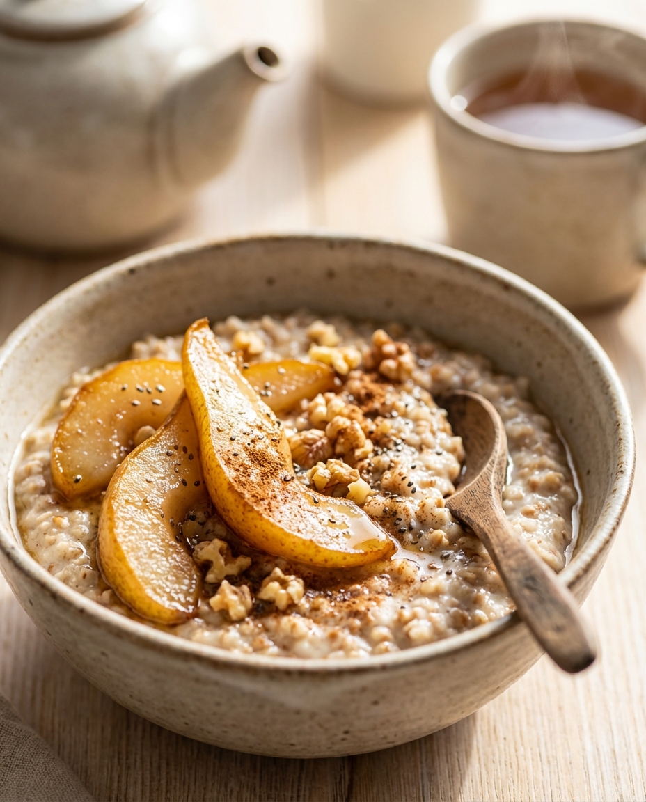 Warmer Buchweizen-Porridge mit karamellisierten Birnen