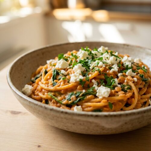 One-Pot Rote-Linsen-Pasta mit Spinat