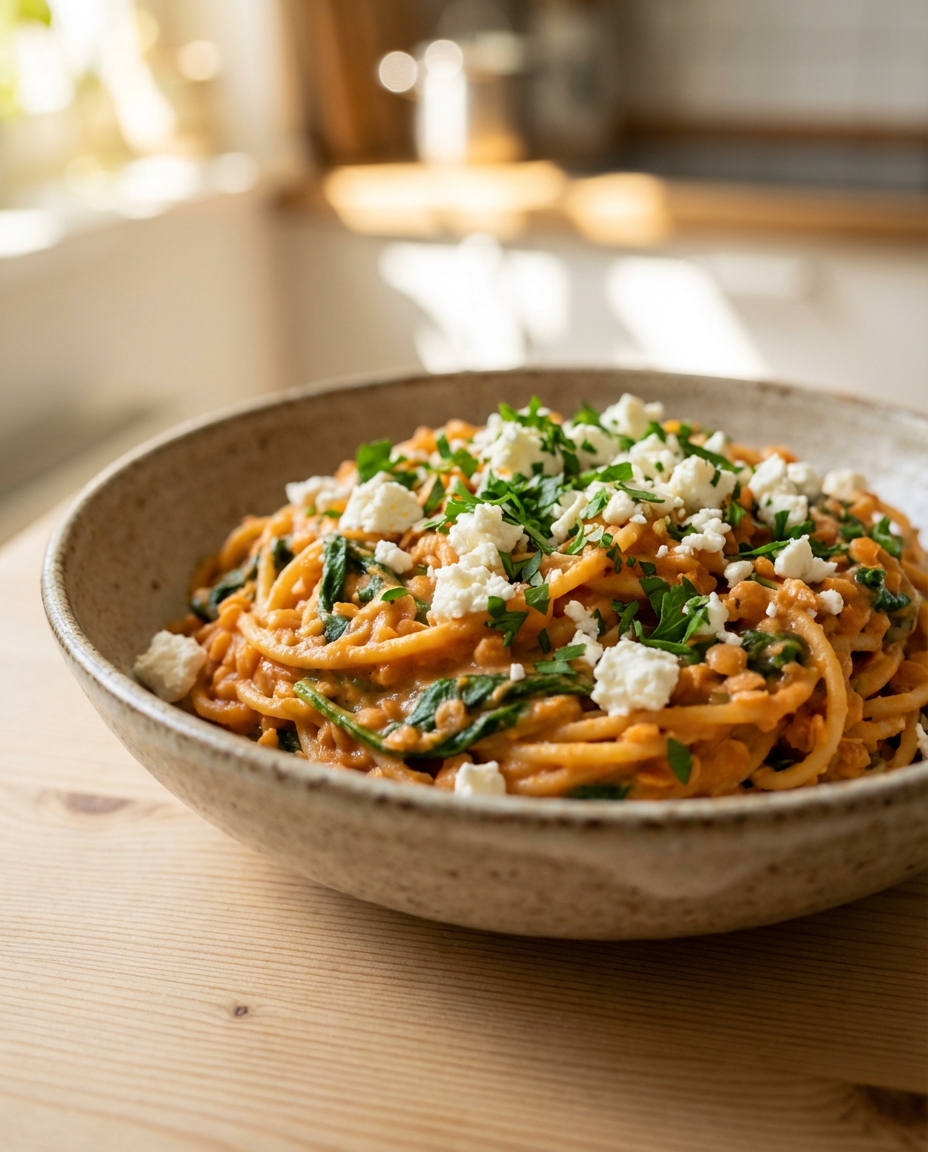 One-Pot Rote-Linsen-Pasta mit Spinat