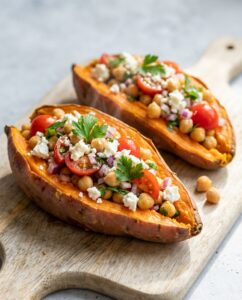 Gebackene Süßkartoffel mit Kichererbsen-Feta-Topping