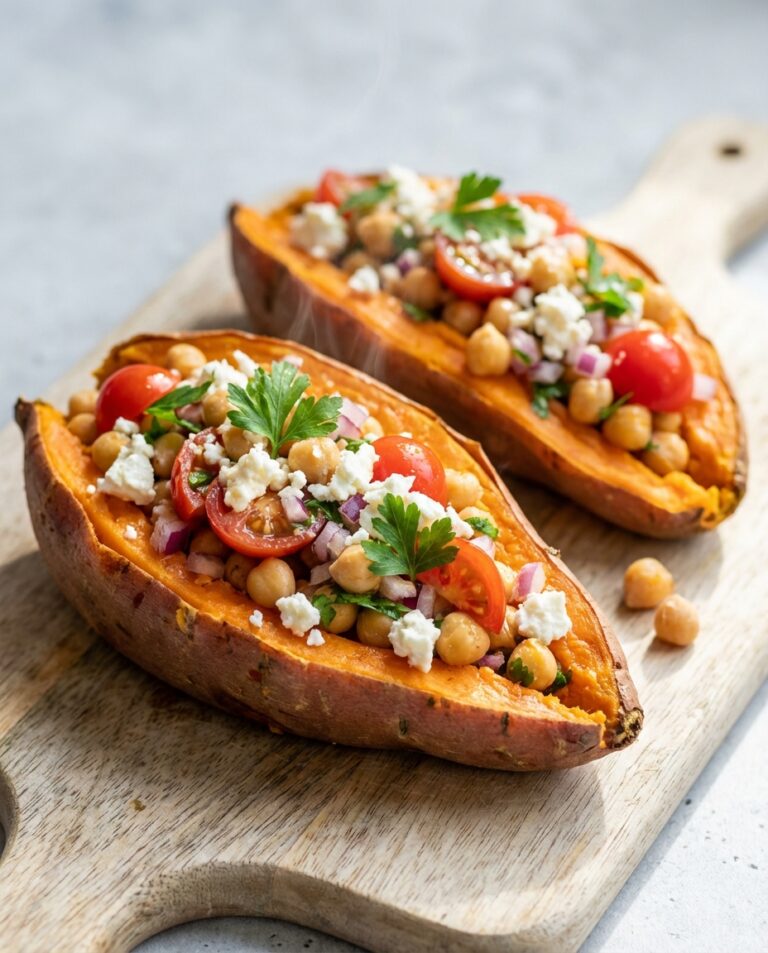 Gebackene Süßkartoffel mit Kichererbsen-Feta-Topping