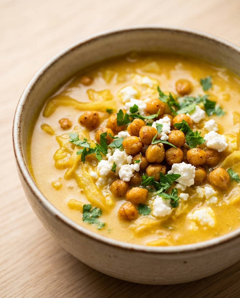 Cremige Kohlsuppe mit gerösteten Kichererbsen