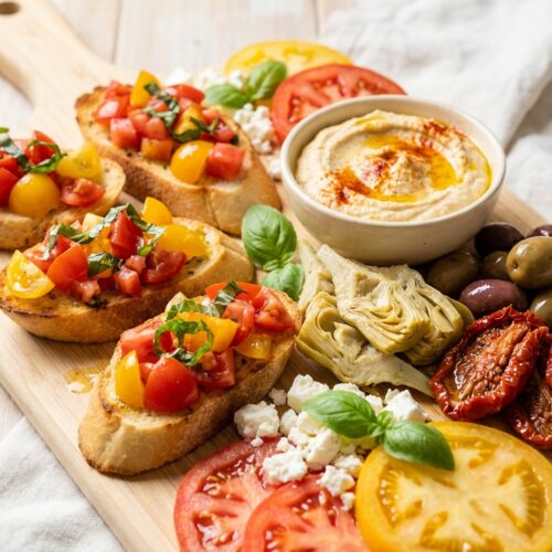Italienische Antipasti-Platte mit Bruschetta und Feta-Caprese