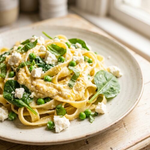 Cremige Zitronen-Ricotta-Pasta mit Erbsen und Spinat