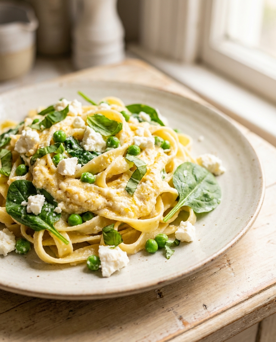 Cremige Zitronen-Ricotta-Pasta mit Erbsen und Spinat