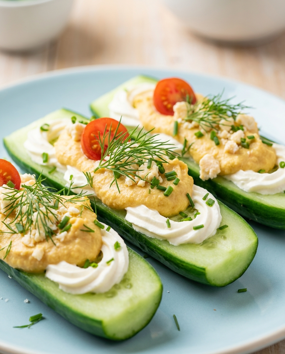 Leichte Gurken-Schiffchen mit Frischkäse und Hummus