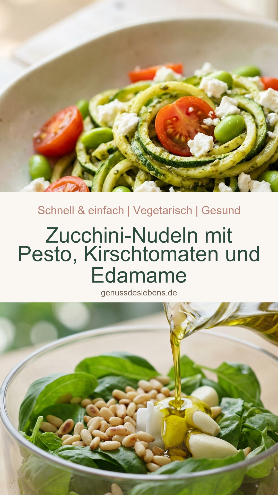 Zucchini-Nudeln mit Pesto, Kirschtomaten und Edamame - Pin für Pinterest