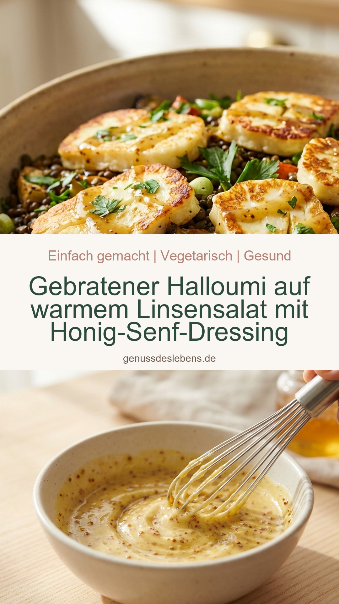 Gebratener Halloumi auf warmem Linsensalat mit Honig-Senf-Dressing - Pin für Pinterest