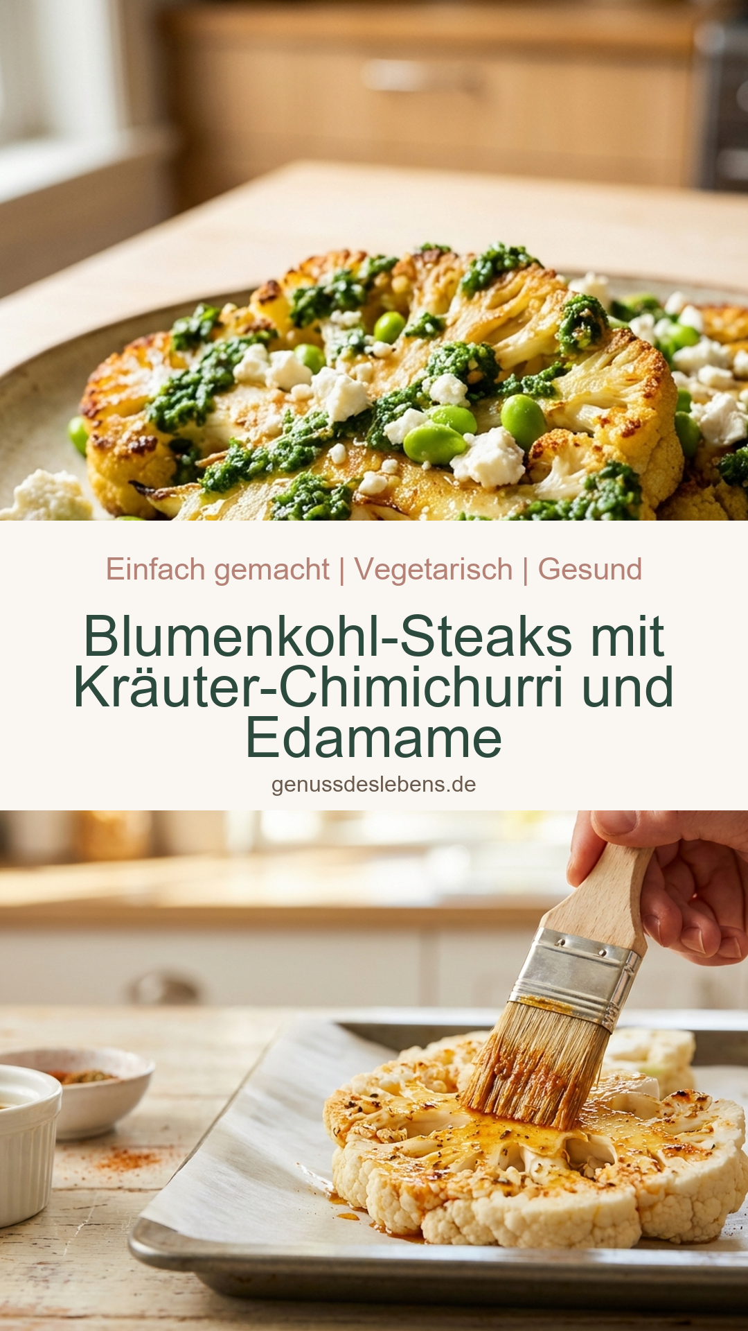 Blumenkohl-Steaks mit Kräuter-Chimichurri und Edamame - Pin für Pinterest