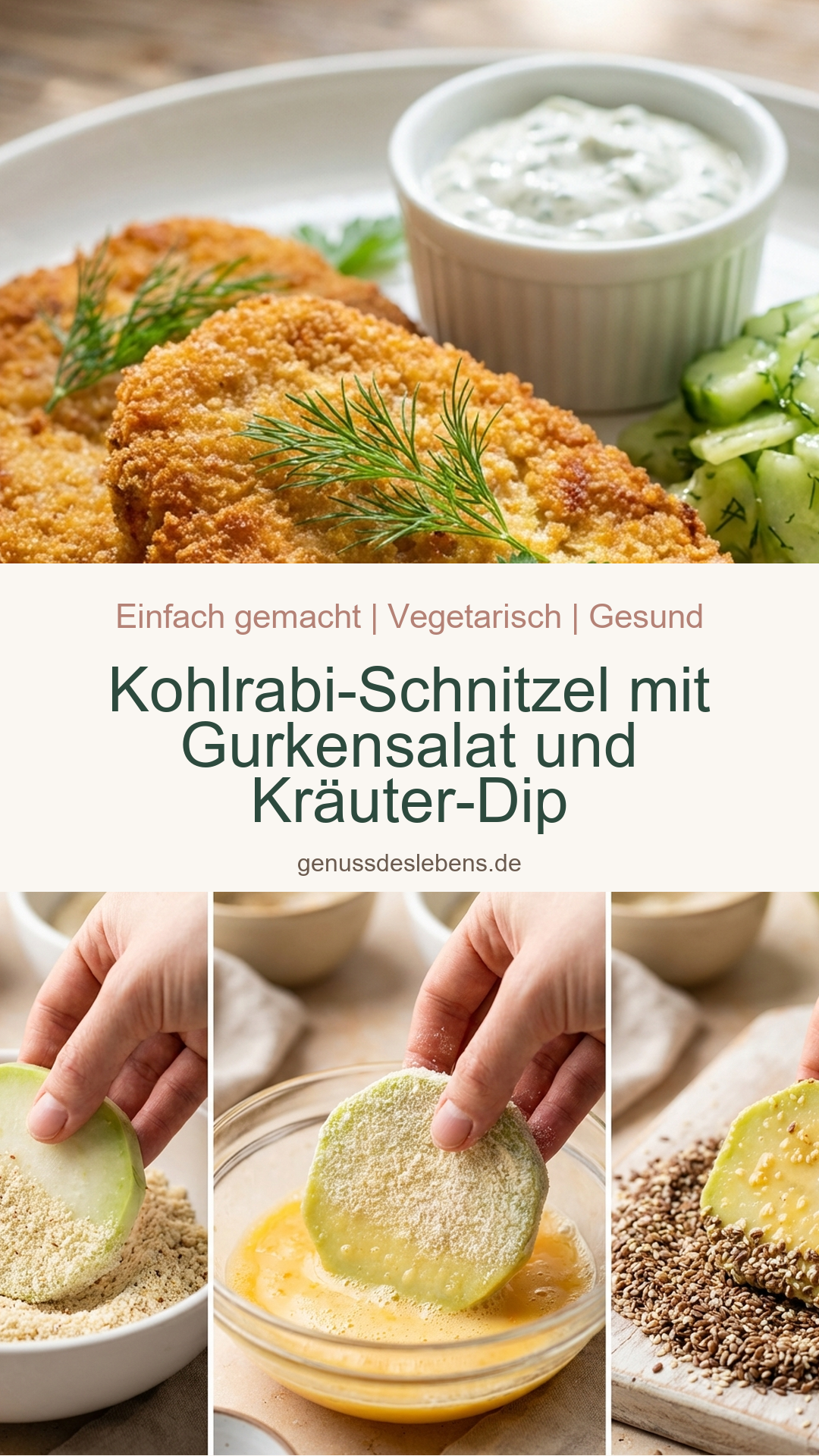 Kohlrabi-Schnitzel mit Gurkensalat und Kräuter-Dip - Pin für Pinterest