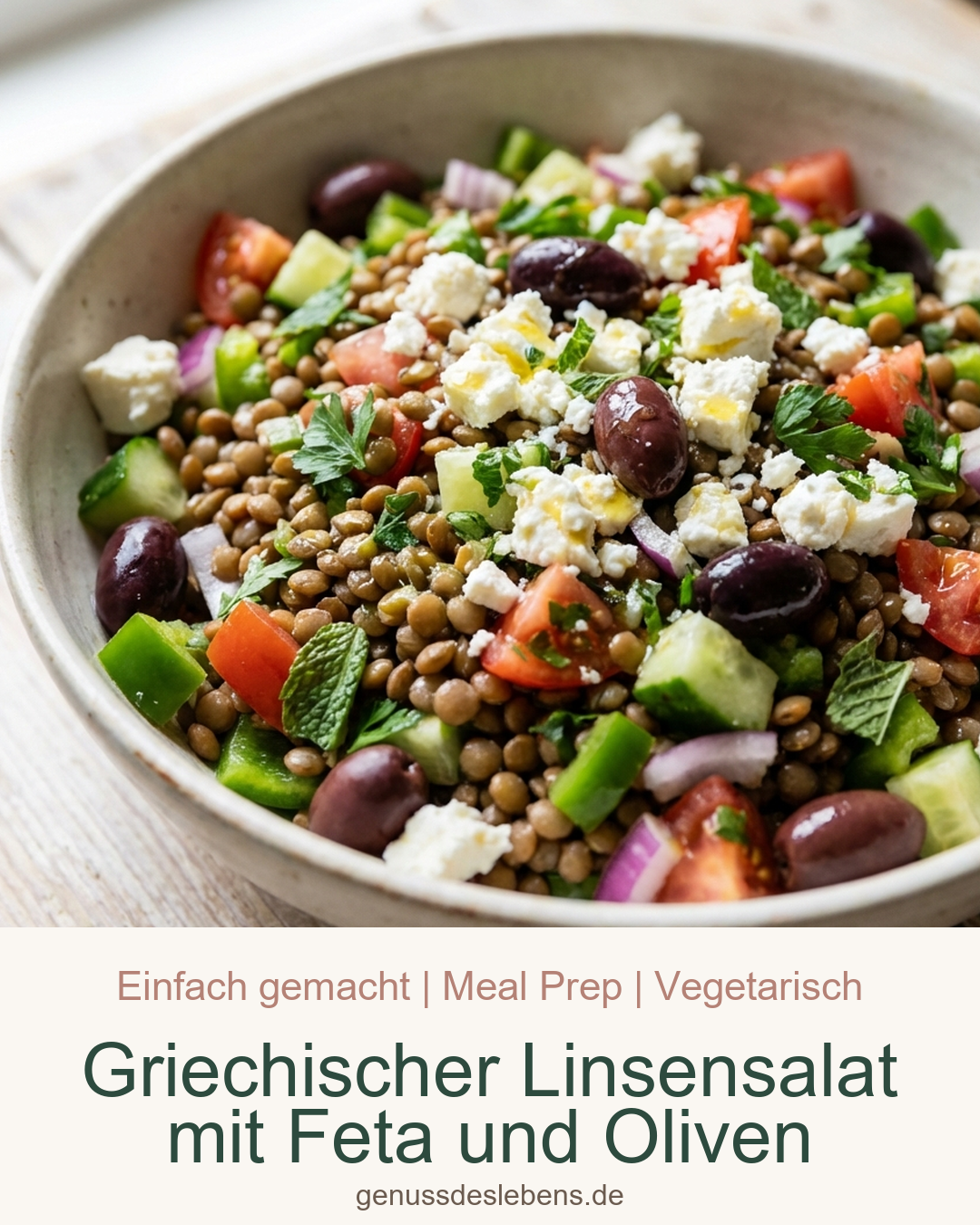 Griechischer Linsensalat mit Feta und Oliven - Pin für Pinterest