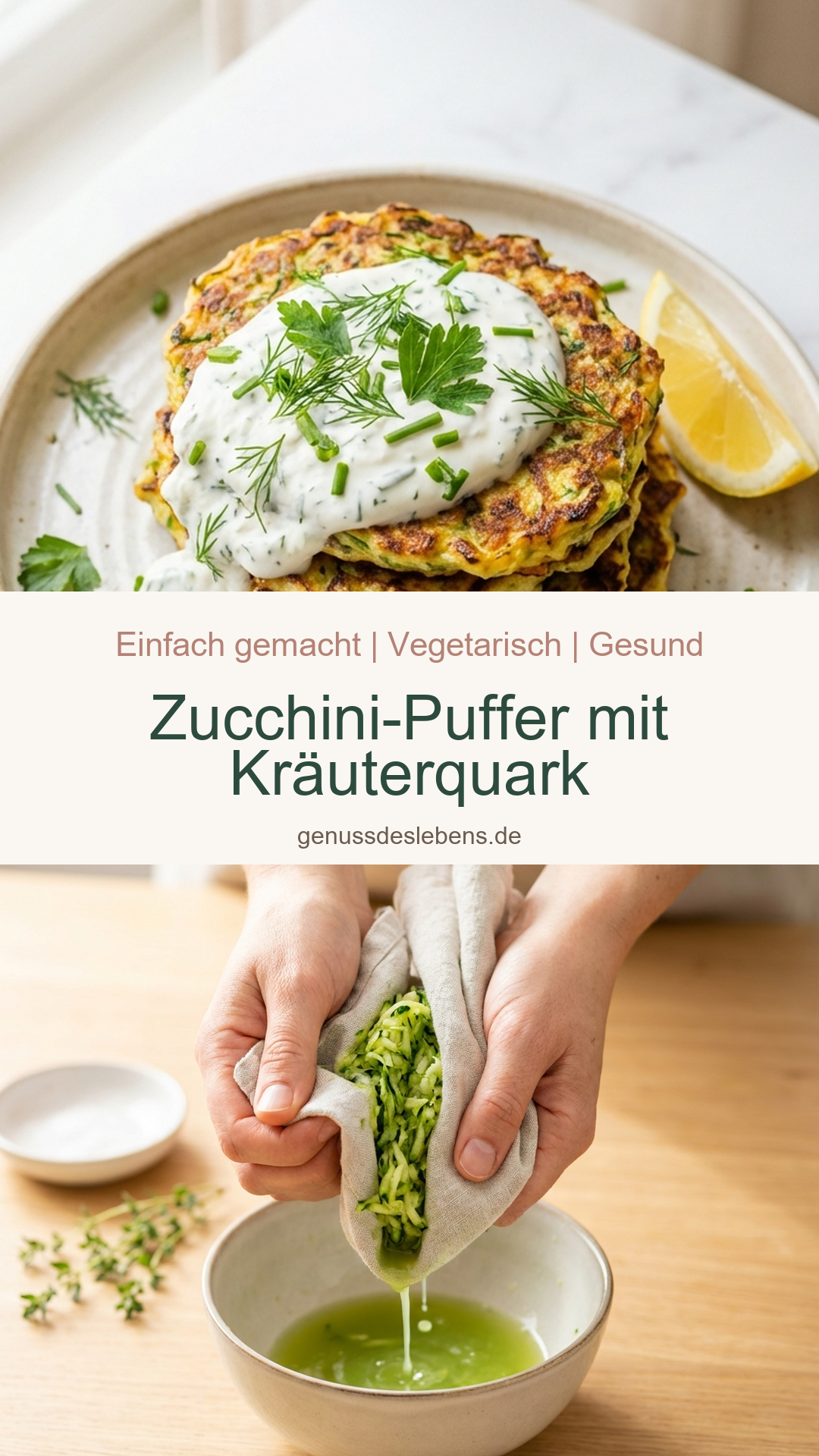 Zucchini-Puffer mit Kräuterquark - Pin für Pinterest