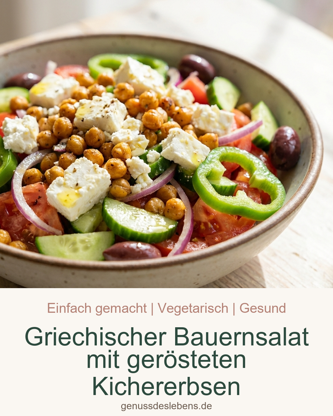 Griechischer Bauernsalat mit gerösteten Kichererbsen - Pin für Pinterest
