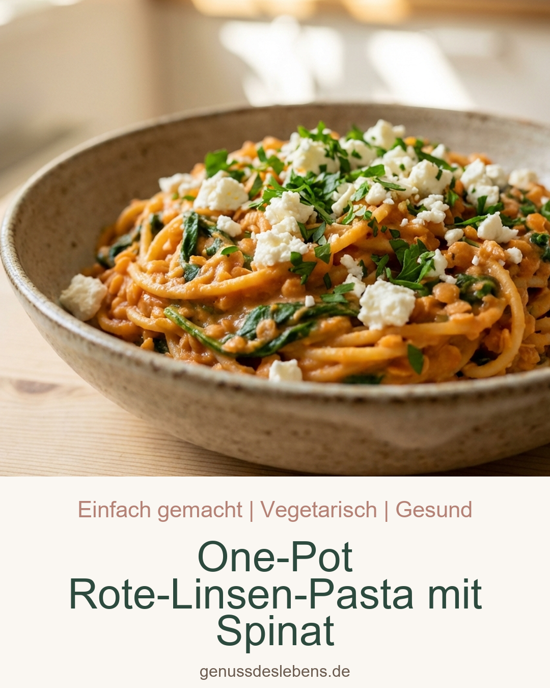 One-Pot Rote-Linsen-Pasta mit Spinat - Pin für Pinterest