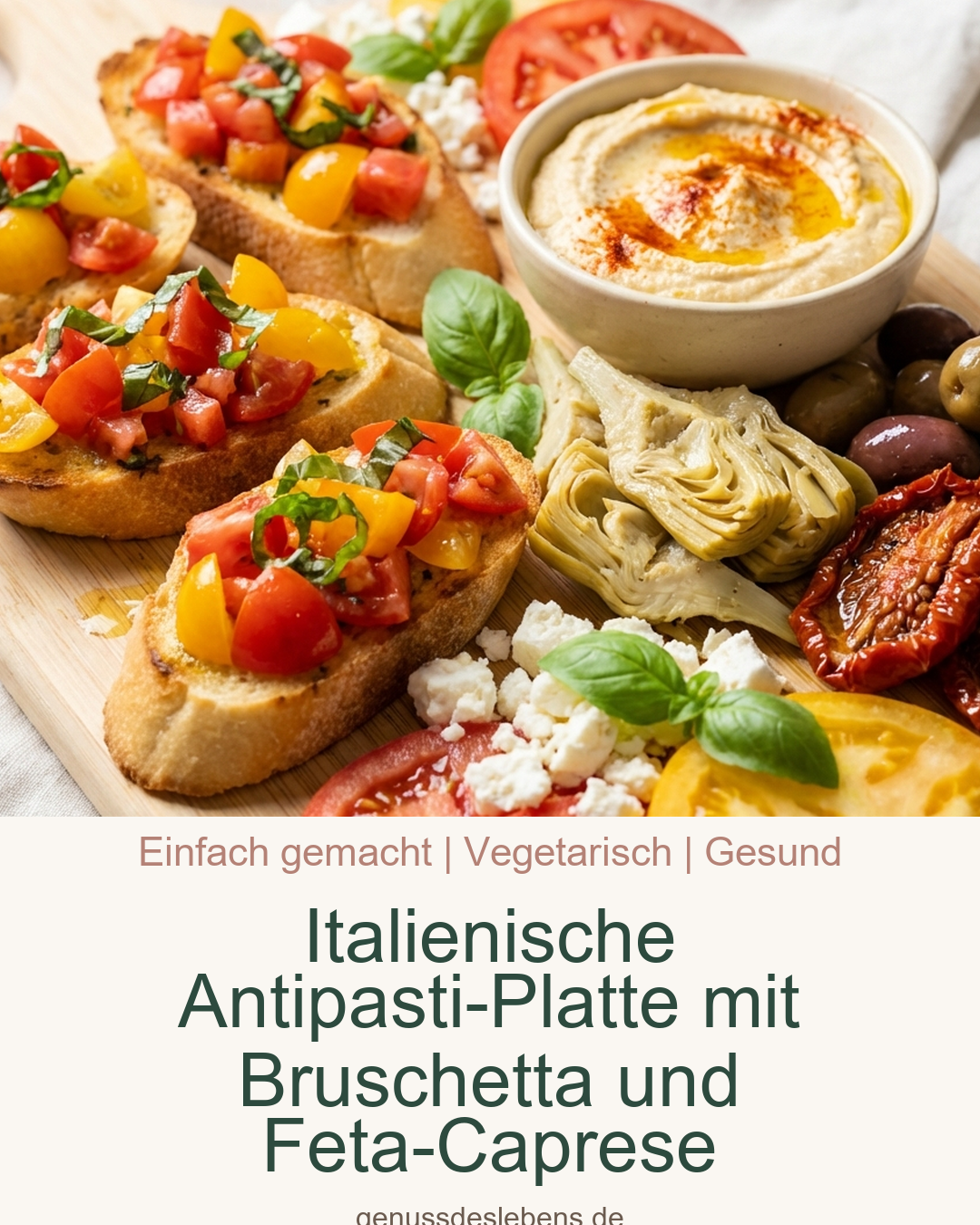 Italienische Antipasti-Platte mit Bruschetta und Feta-Caprese - Pin für Pinterest