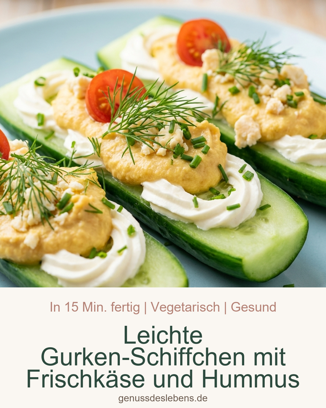 Leichte Gurken-Schiffchen mit Frischkäse und Hummus - Pin für Pinterest