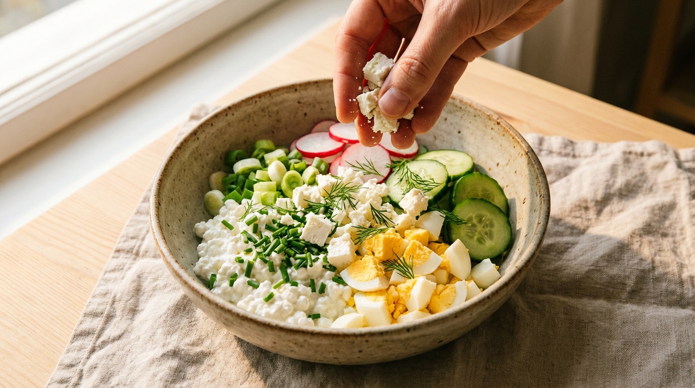Hüttenkäsesalat mit Ei Zubereitung