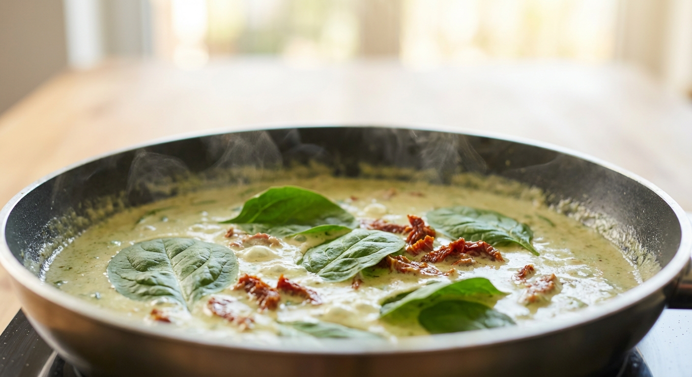 Cremige Spinat-Pasta mit getrockneten Tomaten Zubereitung