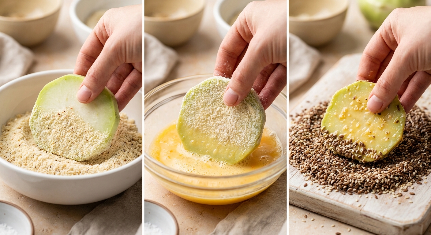 Kohlrabi-Schnitzel mit Gurkensalat und Kräuter-Dip Zubereitung