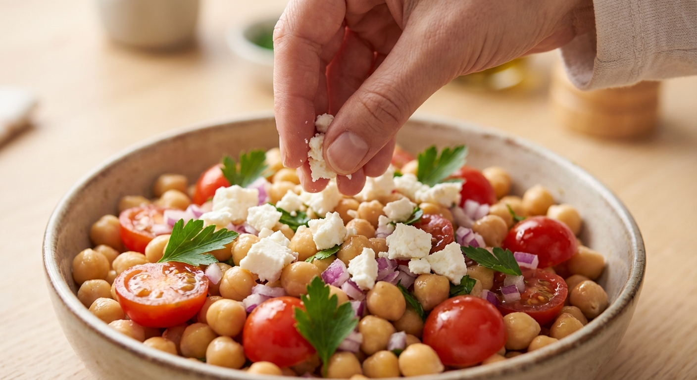 Gebackene Süßkartoffel mit Kichererbsen-Feta-Topping Zubereitung