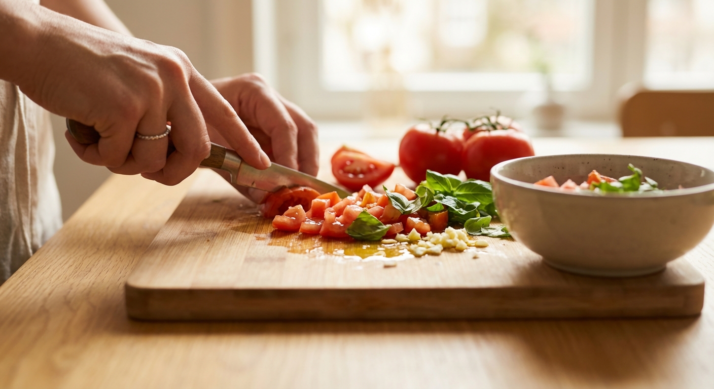 Italienische Antipasti-Platte mit Bruschetta und Feta-Caprese Zubereitung