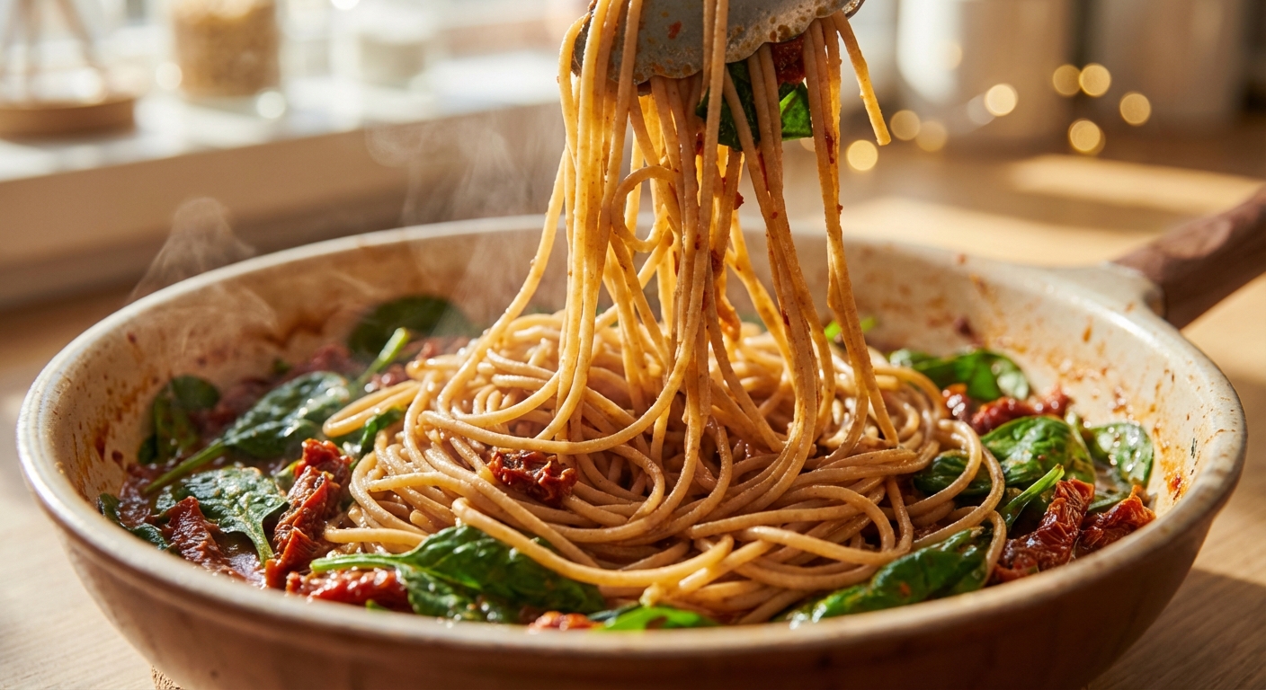 Cremige Spinat-Pasta mit getrockneten Tomaten Zubereitung