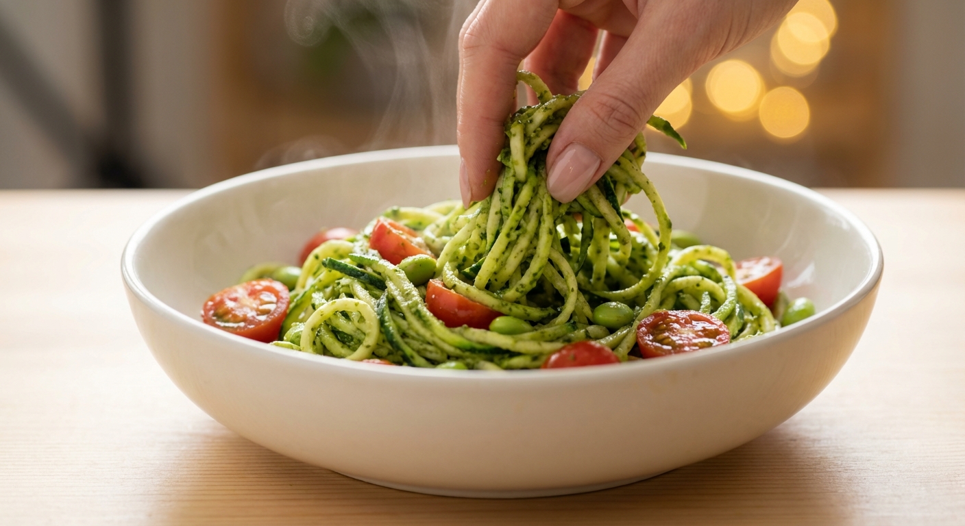 Zucchini-Nudeln mit Pesto, Kirschtomaten und Edamame Zubereitung