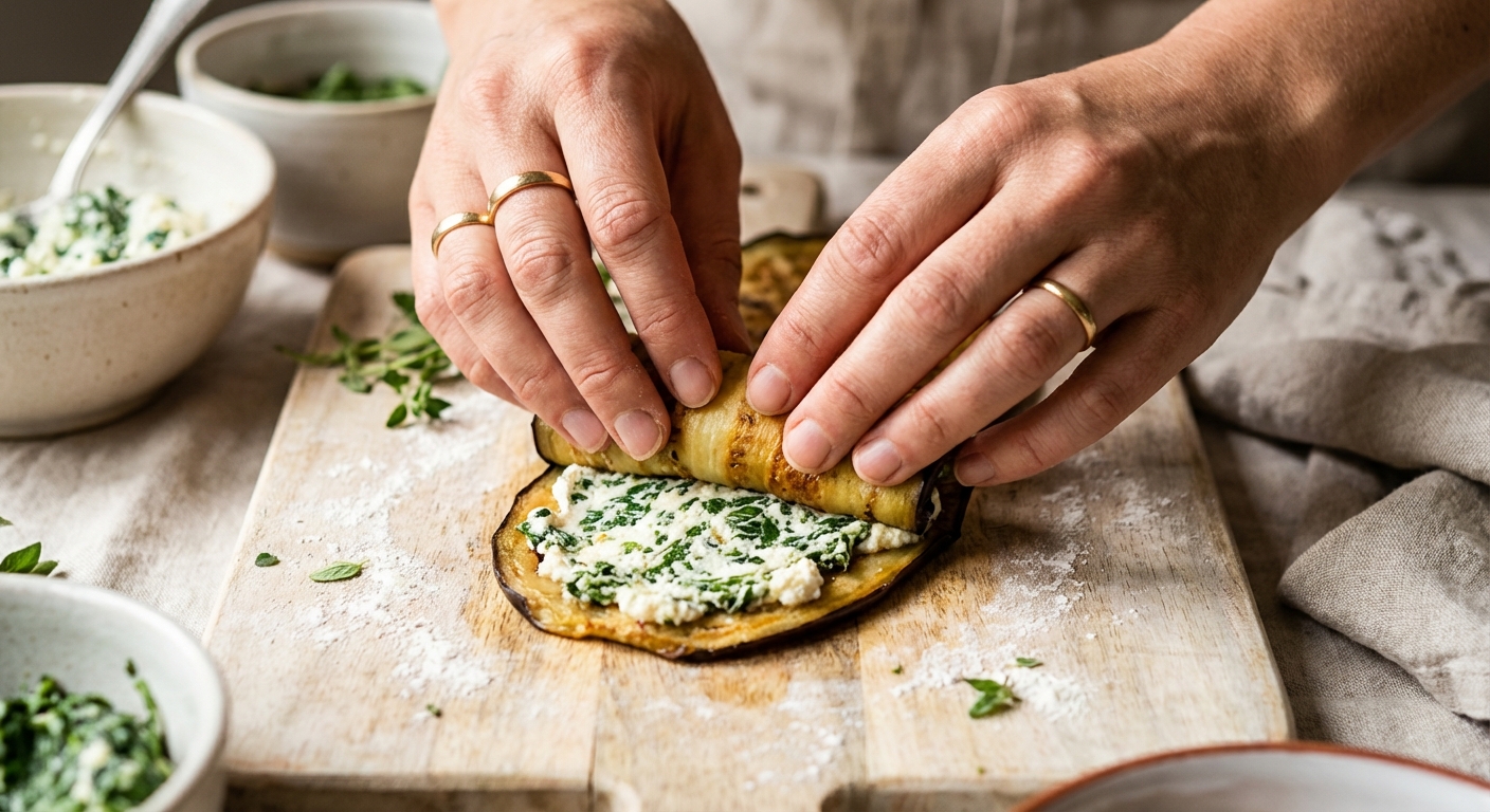 Auberginen-Röllchen mit Ricotta-Spinat-Füllung Zubereitung