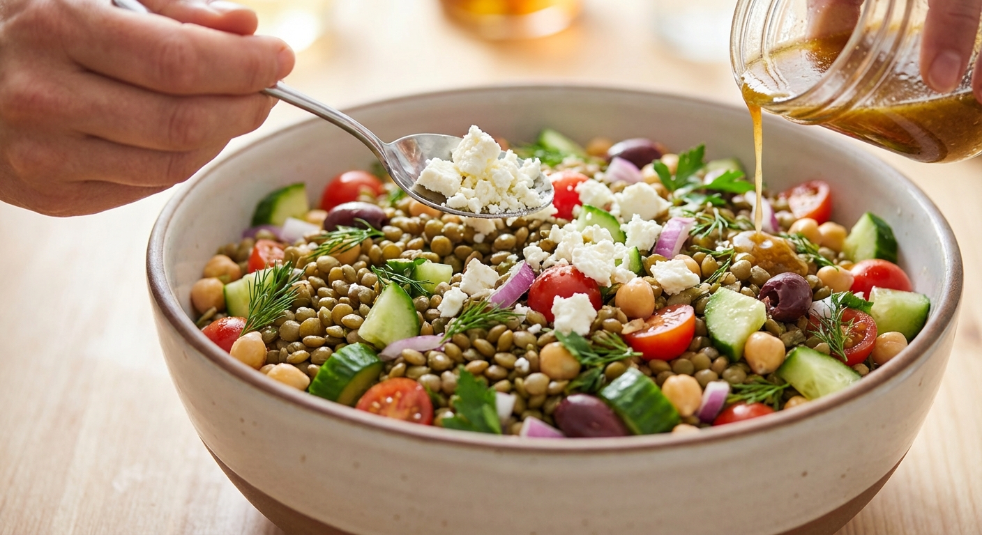 Griechischer Linsensalat mit Feta und Oliven Zubereitung