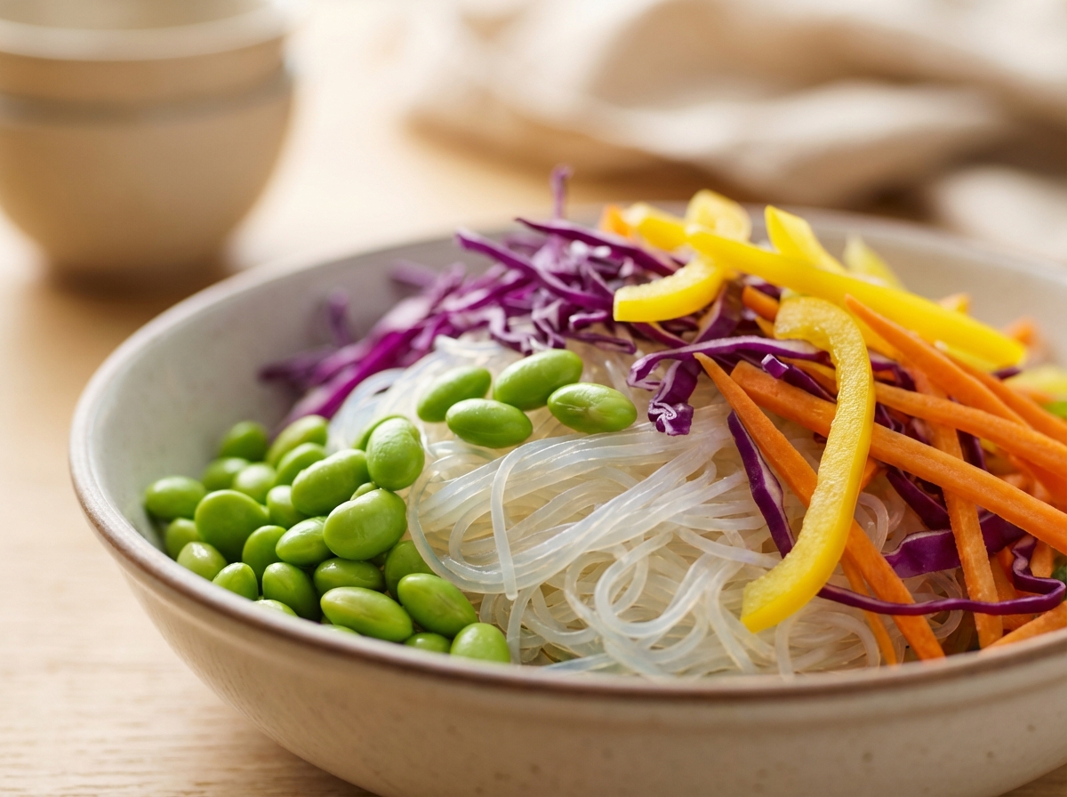 Edamame-Glasnudel-Bowl mit Erdnuss-Dressing Zubereitung