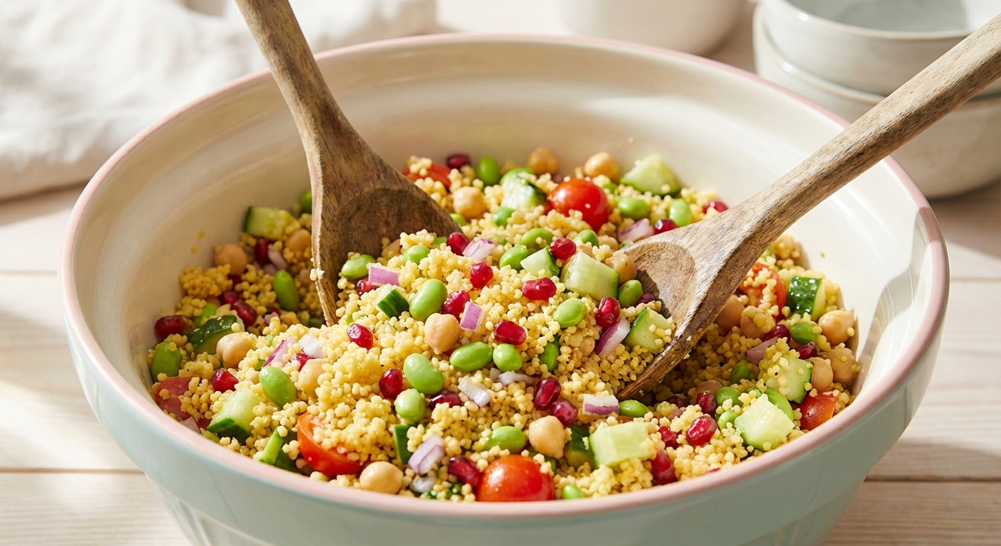 Protein-Couscous-Salat mit Kräuter-Feta und Granatapfel Zubereitung