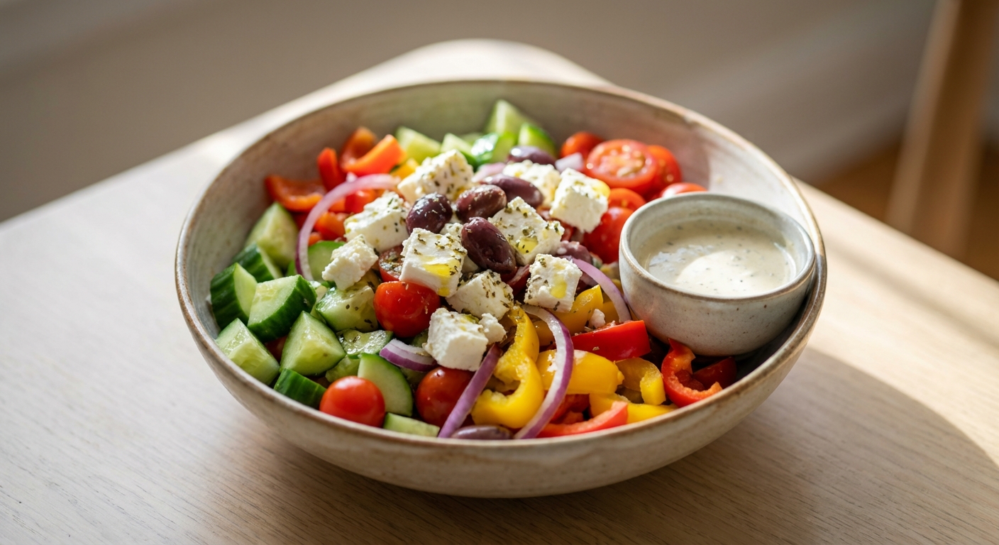 Griechischer Bauernsalat mit gerösteten Kichererbsen Zubereitung