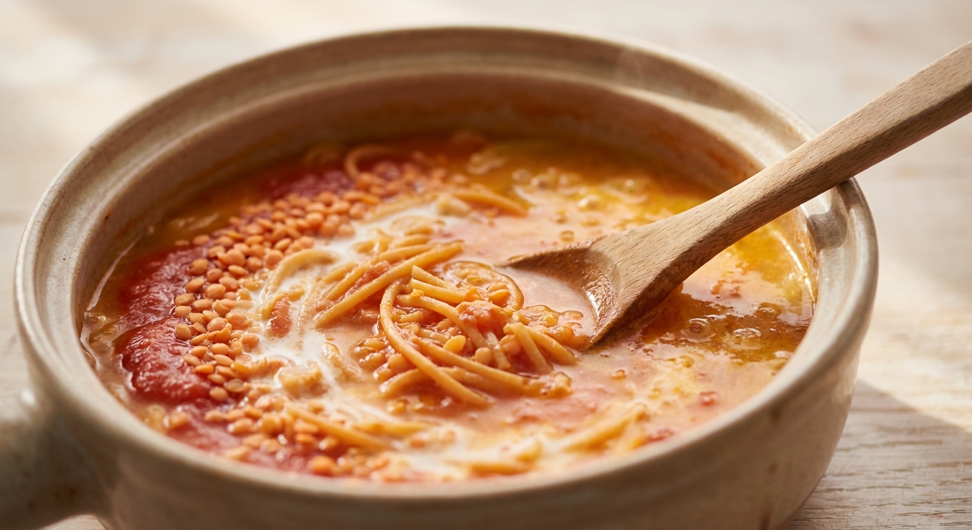 One-Pot Rote-Linsen-Pasta mit Spinat Zubereitung
