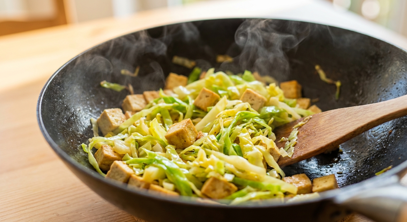 Schnelle Kohl-Pfanne mit Sojasoße und Sesam Zubereitung