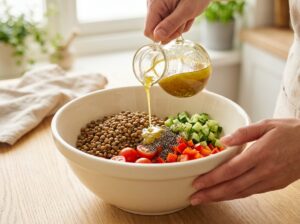 Gebratener Halloumi auf warmem Linsensalat mit Honig-Senf-Dressing - Schritt 4