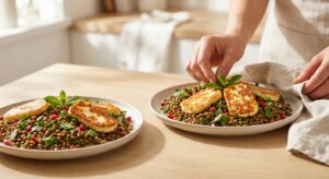 Gebratener Halloumi auf warmem Linsensalat mit Honig-Senf-Dressing - Schritt 6