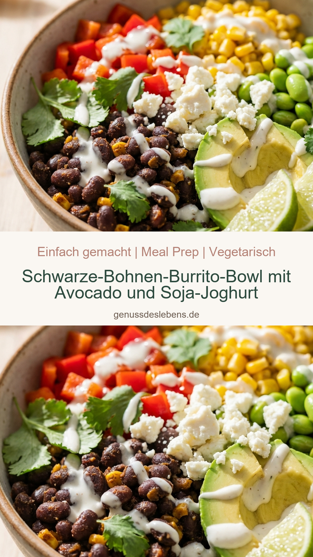 Schwarze-Bohnen-Burrito-Bowl mit Avocado und Soja-Joghurt - Pin für Pinterest