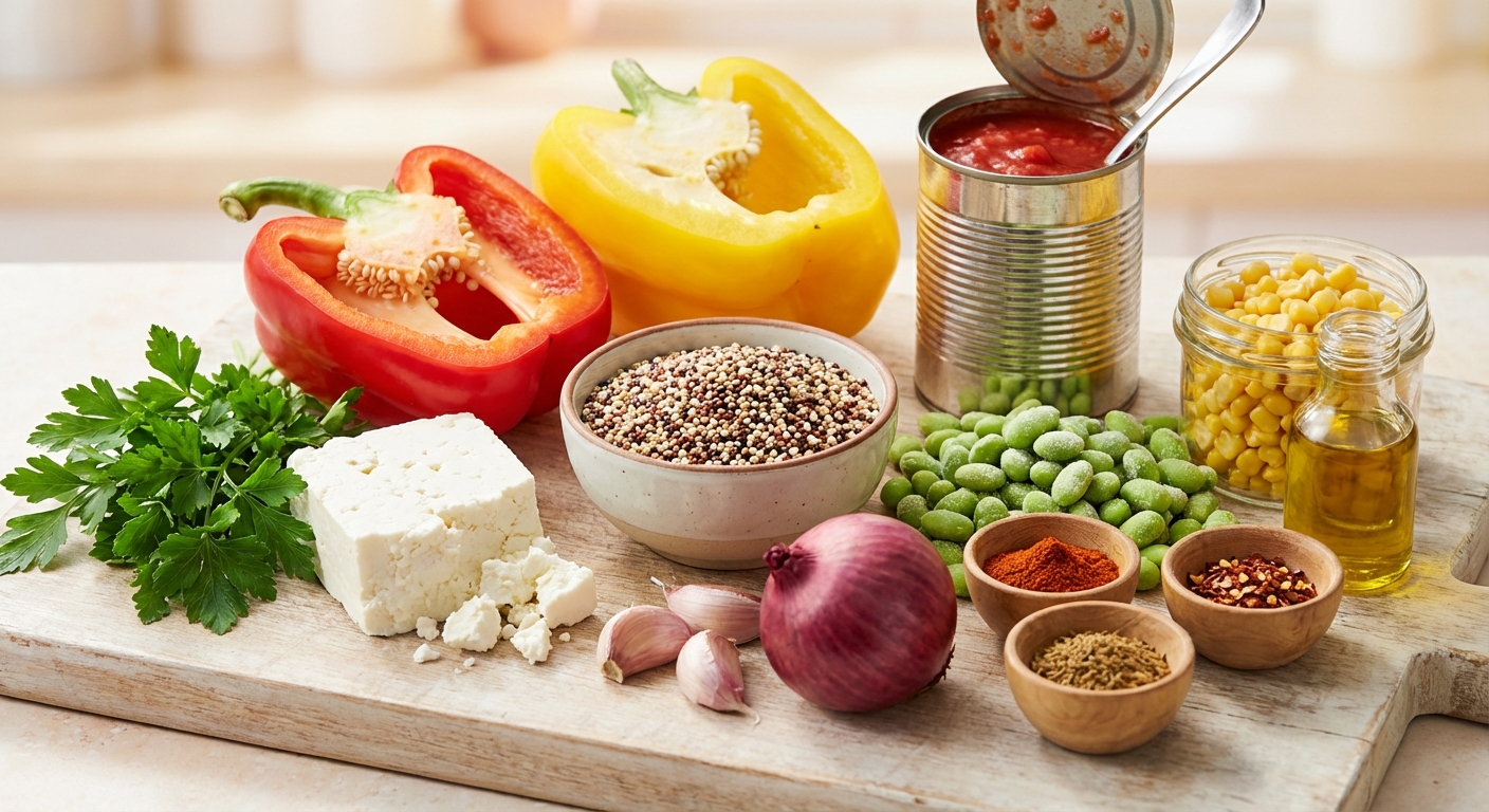 Zutaten für Gefüllte Paprika mit Quinoa und Feta