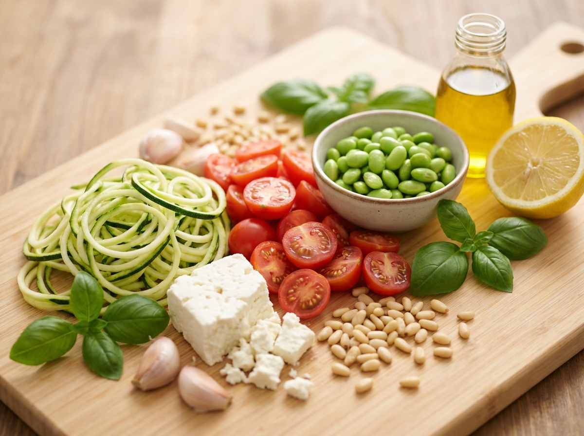 Zutaten für Zucchini-Nudeln mit Pesto, Kirschtomaten und Edamame