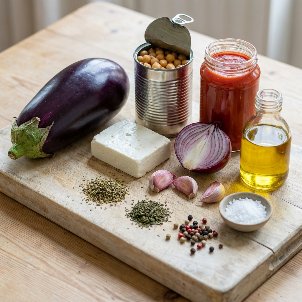 Zutaten für Auberginen-Auflauf mit Feta und Kichererbsen