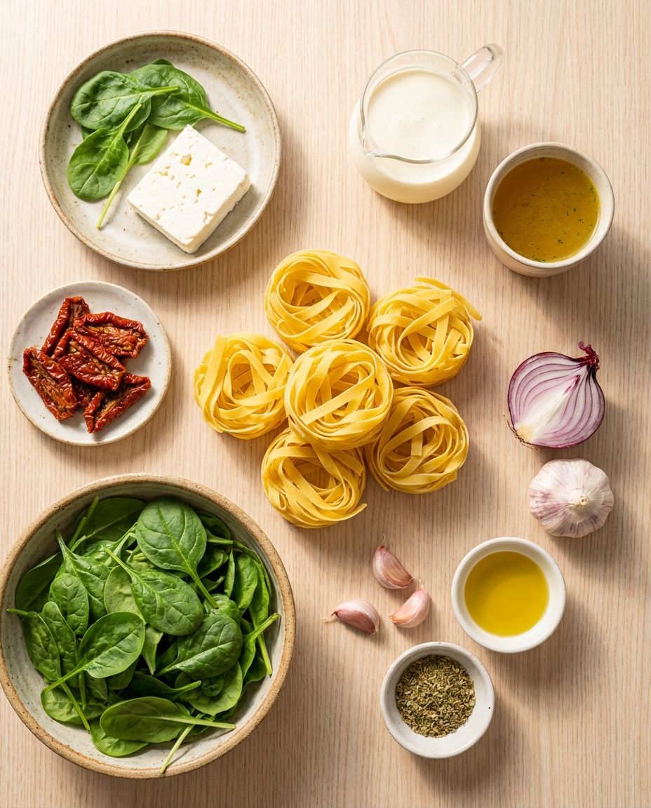 Zutaten für Cremige Spinat-Pasta mit getrockneten Tomaten