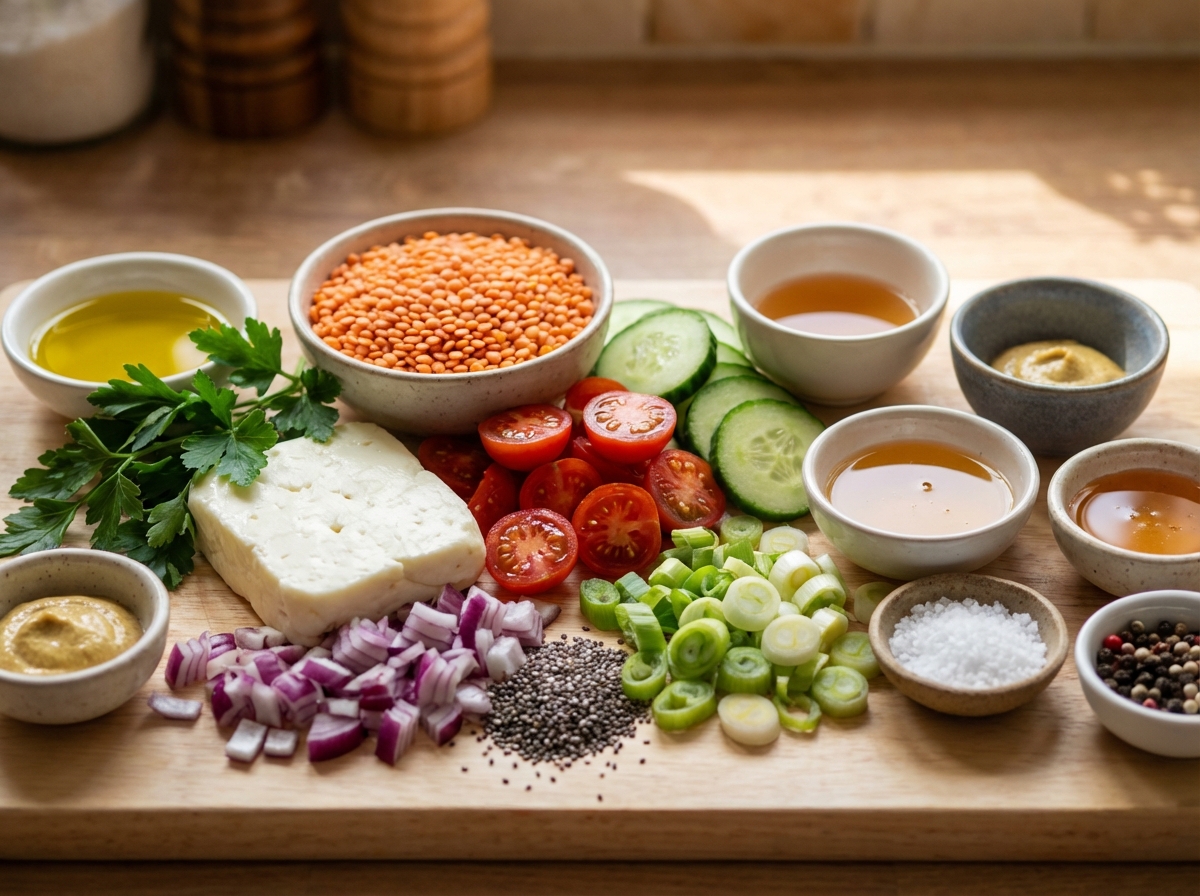 Zutaten für Gebratener Halloumi auf warmem Linsensalat mit Honig-Senf-Dressing