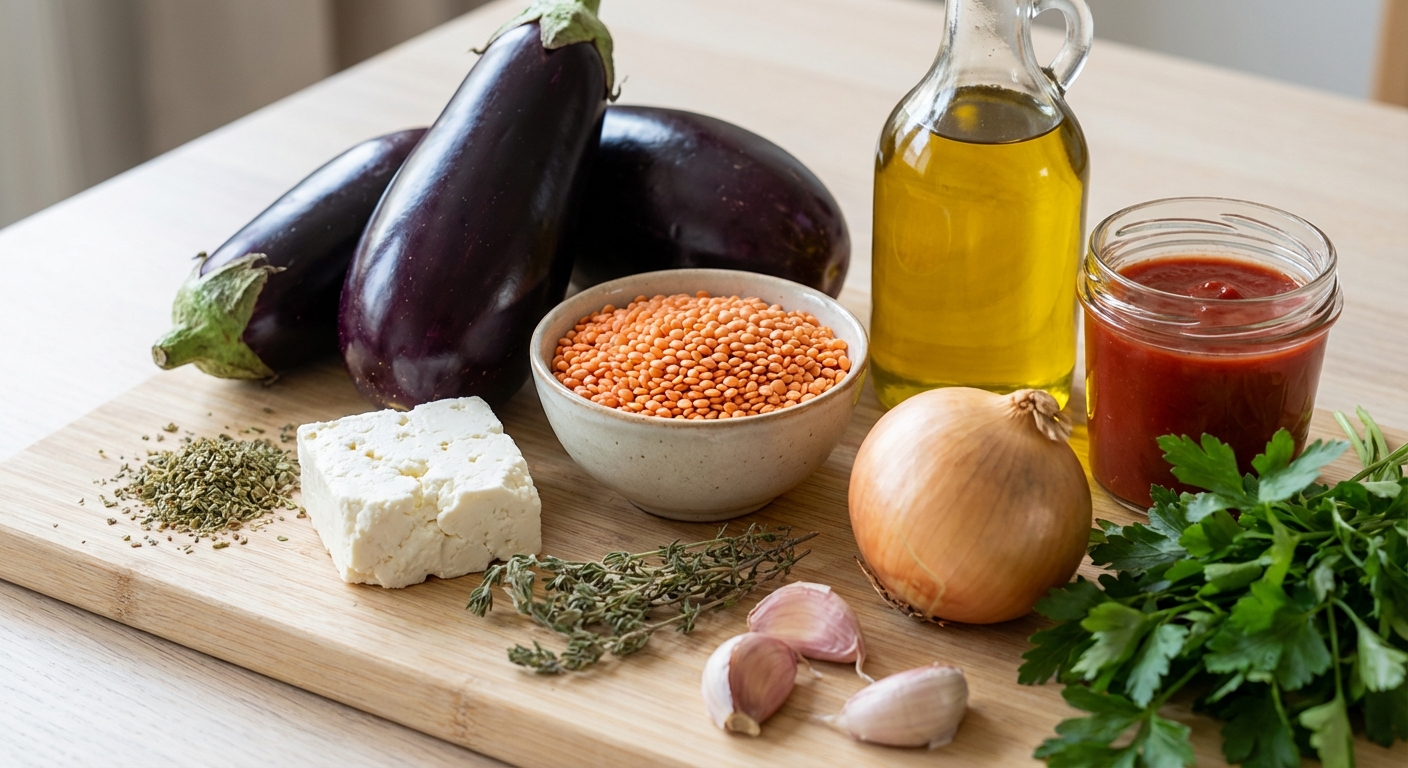 Zutaten für Gefüllte Auberginen mit Linsen und Feta