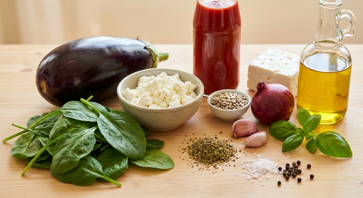 Zutaten für Auberginen-Röllchen mit Ricotta-Spinat-Füllung